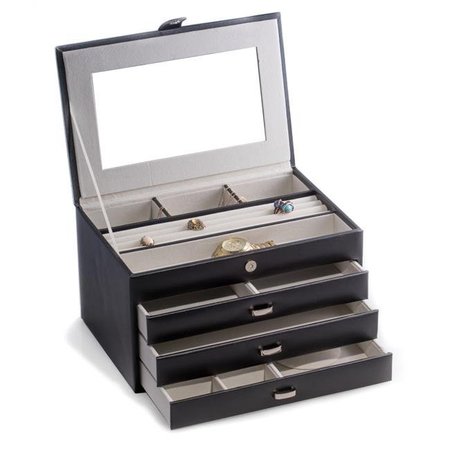 BEY BERK INTERNATIONAL Bey-Berk International BB652BLK Black Leather 4 Level Jewelry Box with Multi Compartments BB652BLK